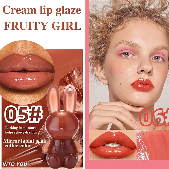 3Pcs Cute Rabbit Hydrating Lip Gloss Set,Cute Bunny Lip Glaze, Moisturising Jelly Liquid Lipsticks Lip Stain,Waterproof Non-Stick Cup Long Lasting Cute Makeup