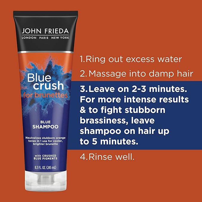 John Frieda Blue Crush Shampoo and Conditioner Set for Brunettes, Nourishes Color-Treated and Natural Hair, Blue Pigments for Vibrant, Cool-Toned Brunette Hair, 8.3 Oz, Pack of 2