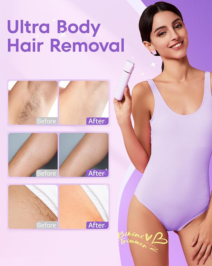 Electric Bikini Trimmer: 2 in1 Body Facial Hair Remover - Painless Pubic Hair Shaver (Purple)