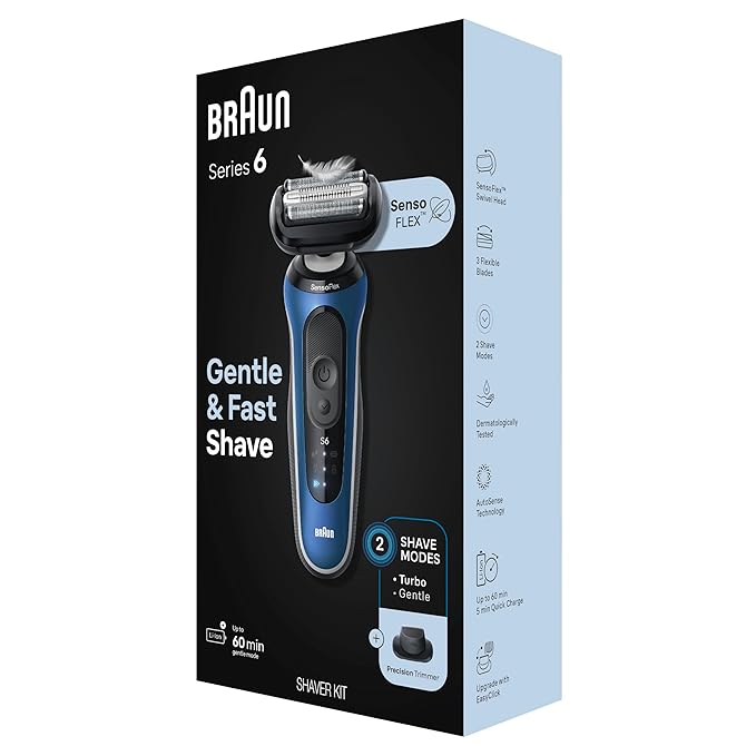 Braun Electric Shaver for Men, Series 6 6120s, Wet & Dry Shave, Turbo & Gentle Shaving Modes, with Precision Trimmer & Pouch, Blue