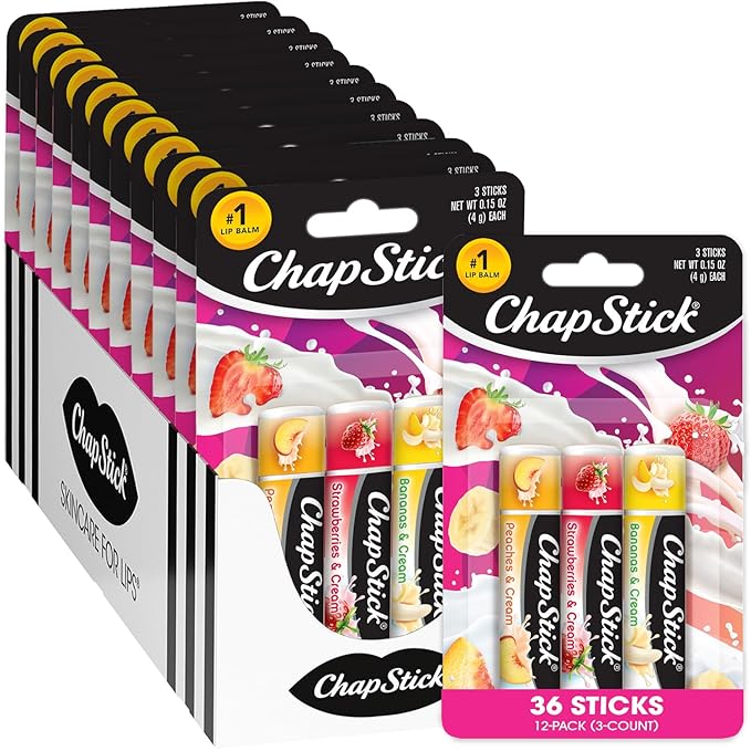 ChapStick Bulk Lip Balm, Fruit & Cream Collection, 3-Packs (12 Sets/36 Tubes) – Sweet & Delicious Lip Care, Birthday Gifts, Party Favors, Stocking Stuffers, 0.15 Oz Ea