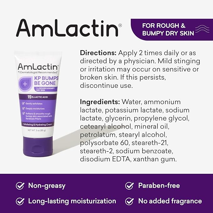 AmLactin KP Bumps Be Gone - 3 oz Keratosis Pilaris Moisturizing Cream with 15% Lactic Acid - Exfoliator and Moisturizer for Dry, Rough and Bumpy Skin, Pack of 2 (Packaging May Vary)