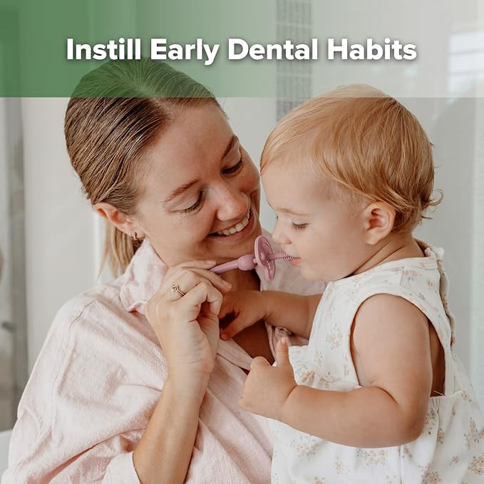 haakaa 360° Baby Toothbrush with Suction Base - Gentle Cleaning for Infant Self-Brushing Training, Food-Grade Silicone, Adjustable Safety Shield - Blush (1 Piece)