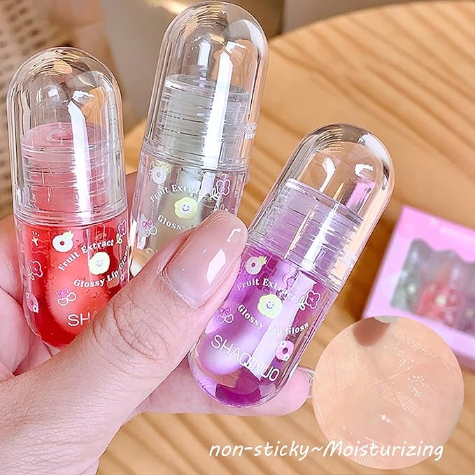 4 Pcs Lip Gloss Oil Set, Fruit Flavored Lip Gloss Set Cute Lip Jelly Hydrating Lip Make-Up for Kids and Teens, Kid Friendly, Party Gift, Non-toxic