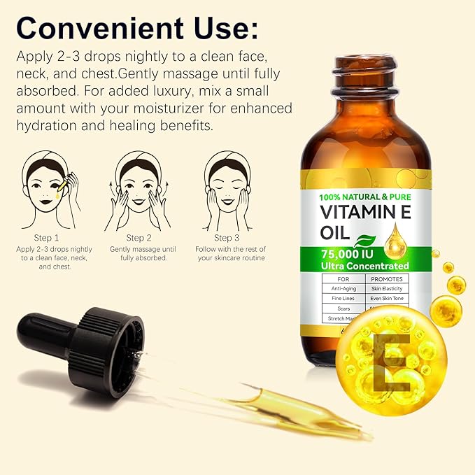 2PCS Natural Vitamin E Oil for Skin, 75,000 IU Ultra Concentrated Vitamin E Oil for Face, Hair and Scars, Moisturizing Dry Skin Oils, Promotes Skin Elasticity
