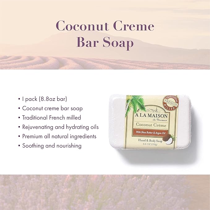 A LA MAISON Coconut Crème Bar Soap - Triple French Milled Natural Moisturizing Hand Soap Bar (1 Bar of Soap, 8.8 oz)