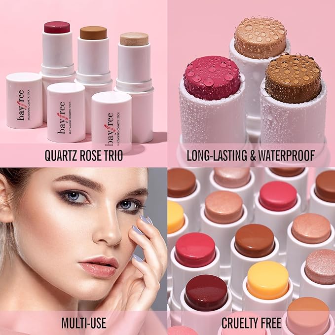 KIMUSE Multi Stick Trio Face Makeup, Cream Blush Stick for Cheeks & Lips, Contour Stick & Highlighter Makeup Sticks for All Skin