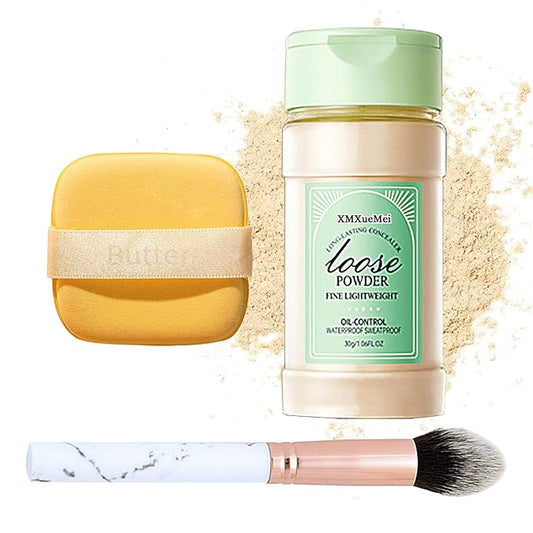 Lightweight Setting Powder,Waterproof Oil Control Translucent Face Powder,Smooth Puff（Natural Color）
