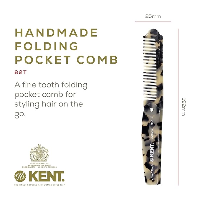 Kent 82T Handmade Folding Pocket Comb for Men, Fine Tooth Hair Comb Straightener for Everyday Grooming Styling Hair, Beard or Mustache, Use Dry or with Balms, Saw Cut Hand Polished, Made in England