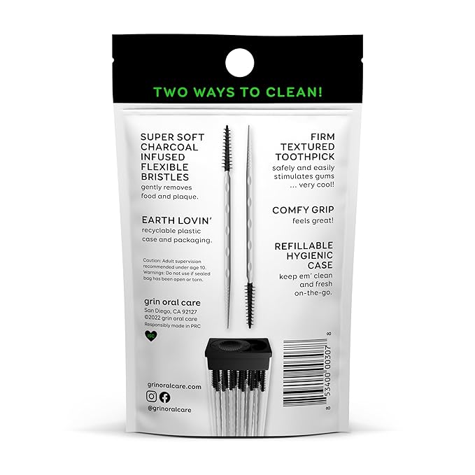 Grin Charcoal Infused Softstx, Gentle Dental Picks, 90 Count, Soft Flexible Bristles, Textured Plaque Removing Toothpick, Minty Flavor, for Between Teeth, Refillable Hygienic Case