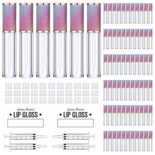 AMORIX 72 Pack 5ml Rainbow Lip Gloss Tubes with Wand 5ml Lip Gloss Containers Empty Lipgloss Bottles + 4pcs Syringes for DIY Lip Gloss Balm