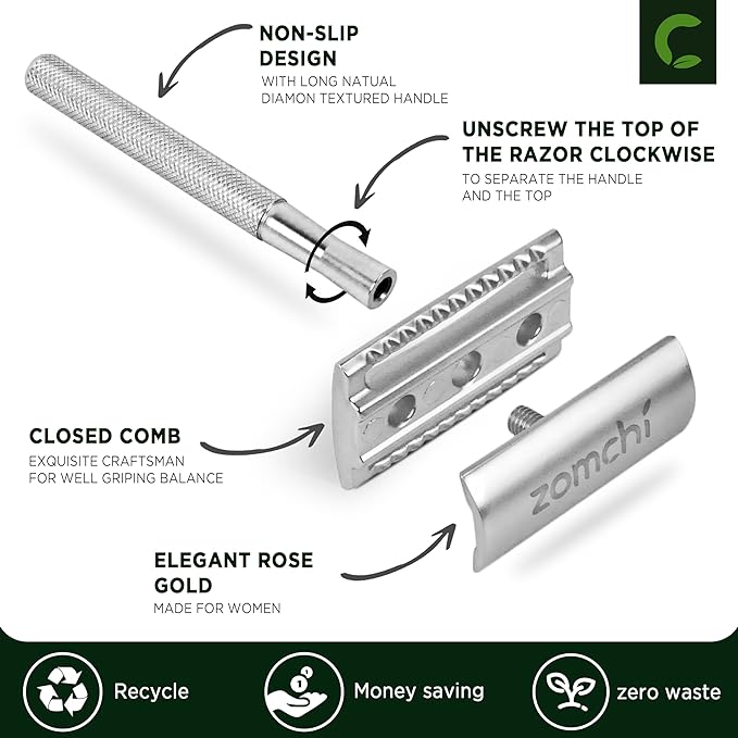 ZOMCHI Double Edge Safety Razor for Men & Women, Metal Razor with 5 Double Edge Safety Razor Blades, Single Blade Razor – Silver