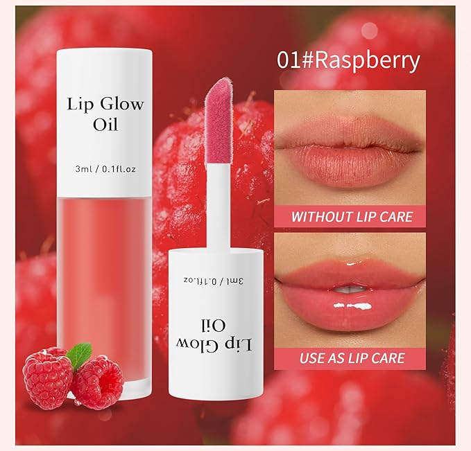 Plumping Lip Oil, Long Lasting Hydrating Lip Stain Lip Balm Raspberry Fruit Revitalizing, Transparent Lip Care Oil for Dry Lip (Raspberry Red)