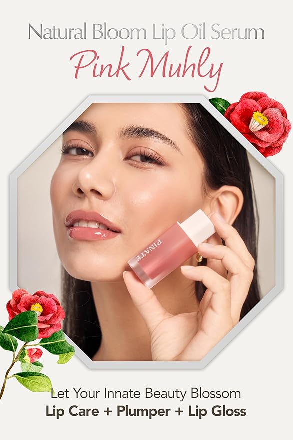 Natural Bloom Korean Lip Oil Serum 0.14 fl oz | Moisturizing Lip Booster Plumping Oil Tint Serum Enriched w/Camellia & Safflower Oils | Non-Irritating Color Changing Lip Oil (Pink Muhly)