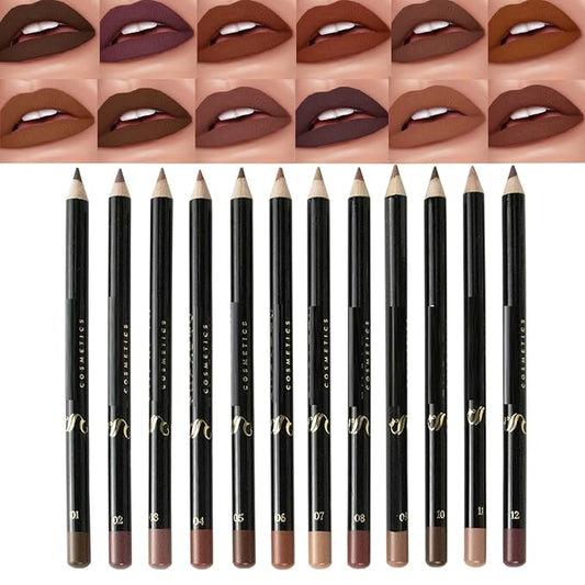 MAEPEOR Matte Lip Liner 12 PCS Nude Brown Series Highly Pigmented and Smoothly Velvet Lipliner Pencil Set Long Lasting and Waterproof Durable Lip Liners (12PCS-4)