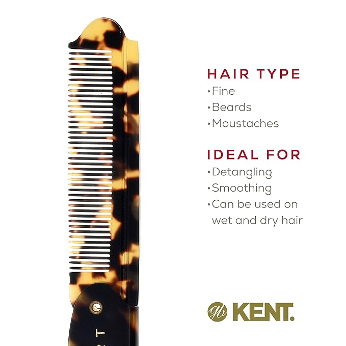 Kent 82T Handmade Folding Pocket Comb for Men, Fine Tooth Hair Comb Straightener for Everyday Grooming Styling Hair, Beard or Mustache, Use Dry or with Balms, Saw Cut Hand Polished, Made in England