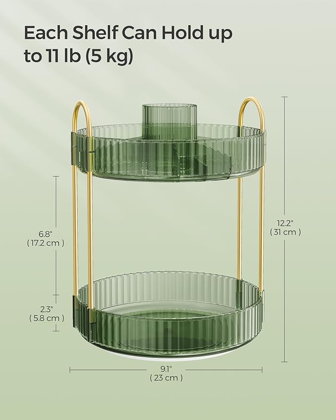 SONGMICS Makeup Organizer, 2-Tier Round Rotating Skincare Organizer Countertop, Customizable, Toiletries Vanity Organizer, Lazy Susan, Gift, Pale Green UJKA012C01