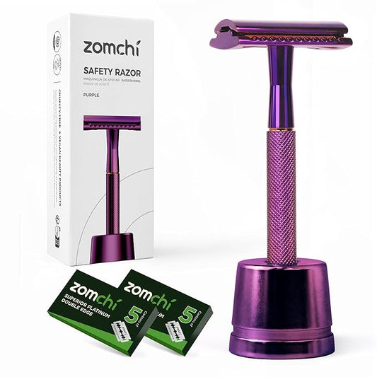 ZOMCHI Purple Double Edge Safety Razor with Stand,Reusable,10 Blades,Unisex-Adults – Purple