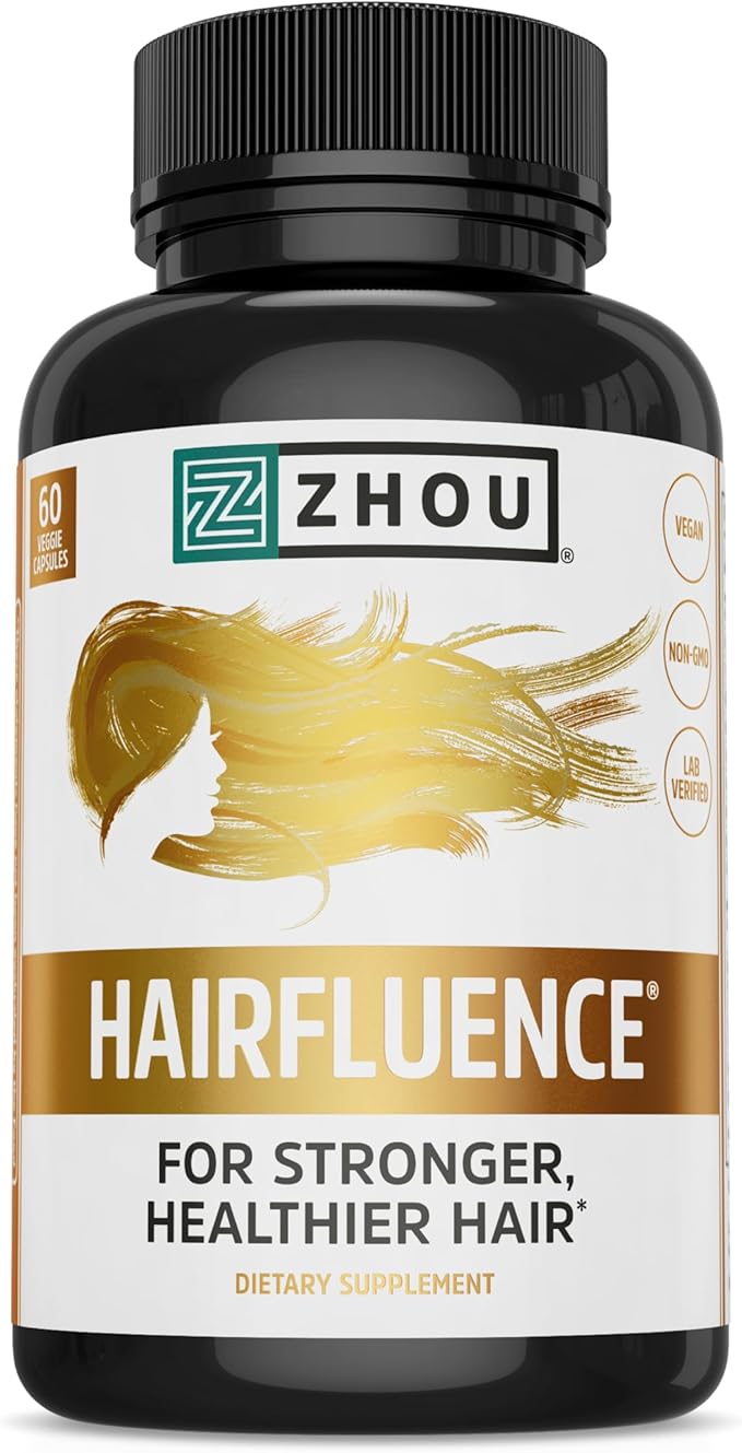 Zhou Hairfluence - Vegan Biotin Supplement for Hair Growth for Men & Women, Supports Stronger, Healthier Hair, Nails, & Glowing Skin with B Vitamin Complex - 60 Veggie Capsules (Pack of 1)