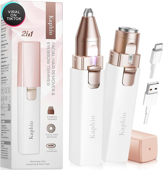 Facial - Eyebrow Hair Remover for Women: Rechargeable 2 in 1 Eyebrow Trimmer and Face Shavers for Women - Painless Electric Hair Removal Device for Face Eyebrows Peach Fuzz Lips with Light
