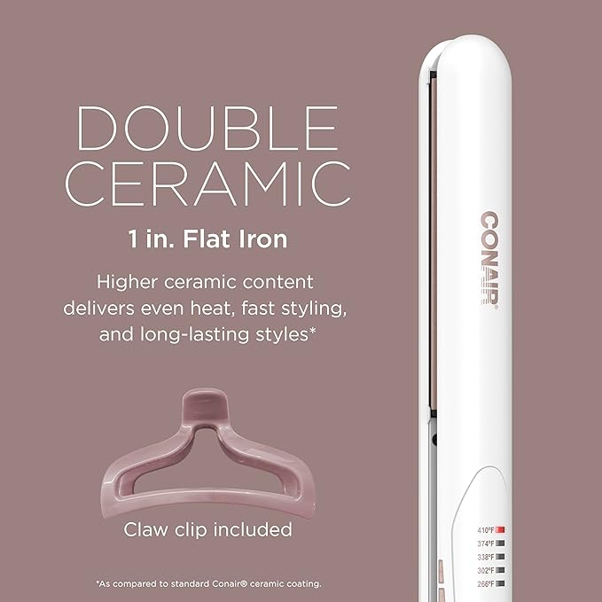 Conair Double Ceramic Flat Iron, 1-inch Hair Straightener with Bonus Claw Clip