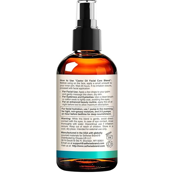 Organic Castor Oil For Face Moisturizer, Eyes, Eyelashes, Eyebrows, Wrinkles with Jojoba, Rosehip, Grapeseed, Squalane, Palmarosa, Bergamot and Vitamin E for Gentle Skin, Men & Women 4oz
