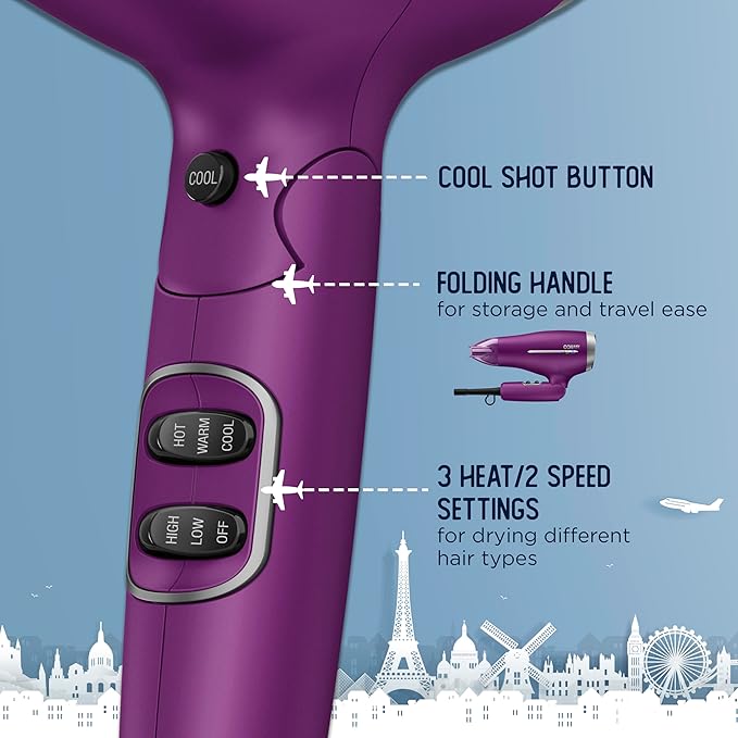 Conair Hair Dryer, Worldwide Travel Hair Dryer with Smart Voltage Technology and Folding Handle, Includes Diffuser and Concentrator, Purple