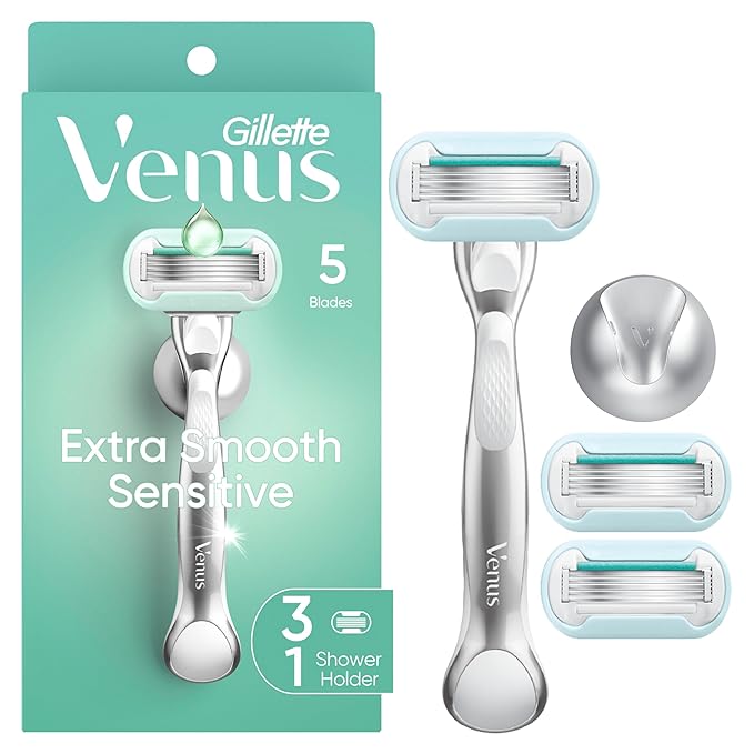Venus Extra Smooth Sensitive Women's Razor with Reusable Razor Handle, 3 Razor Blade Refills and Shower Holder