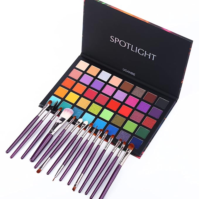 UCANBE Spotlight Eyeshadow Palette + 15 PCS Eye Brushes Makeup Set, Professional 40 Color Matte Shimmer Glitter Eye Shadow Pallet Highly Pigmented Waterproof Long Lasting Make up Pallete