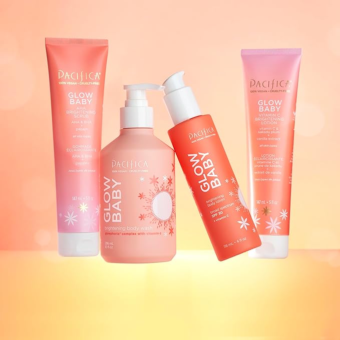 Pacifica Glow Baby Body Lotion & AHA Scrub Set – Brightening Vitamin C Body Lotion (5 oz) + AHA Exfoliating Body Scrub, 2-Step Radiance Duo for Smooth Glowing Skin, Vegan