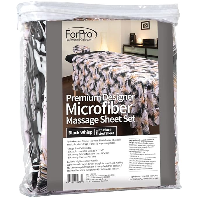 ForPro Professional Collection Designer Microfiber 3-Piece Massage Sheet Set, Black Whisp, Ultra-Light, Stain, and Wrinkle-Resistant Includes Massage Flat and Fitted Sheet and Massage Face Rest Cover