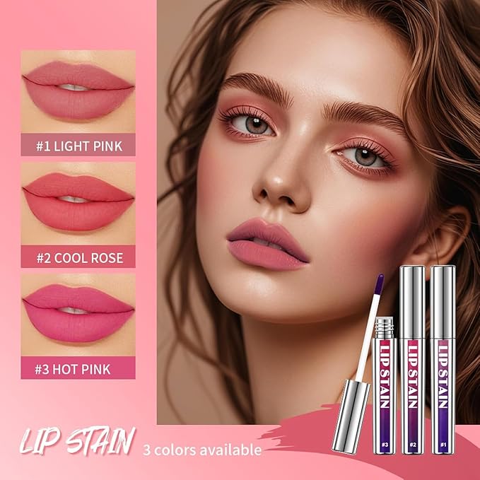 3 Pcs Peel Off Lip Stain Lip Tint Set, Lip Stain Peel Off Matte Lip Liner, Long-Lasting Lip Tint Stain Peel Off Lip Gloss, Waterproof Non-stick Cup Peel Off Lipstick Lip Stains for Women