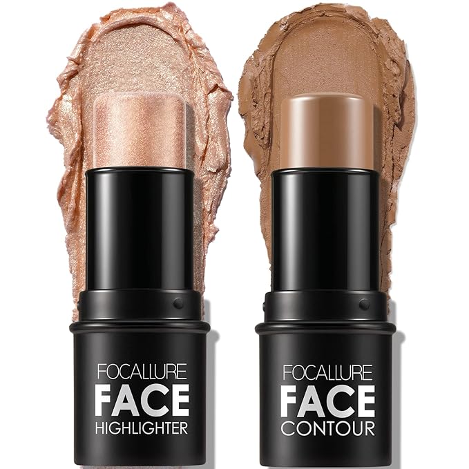 FOCALLURE 2 Pcs Mineral Cream Contour Stick,Moisturize Highlighter Illuminator Makeup,Medium