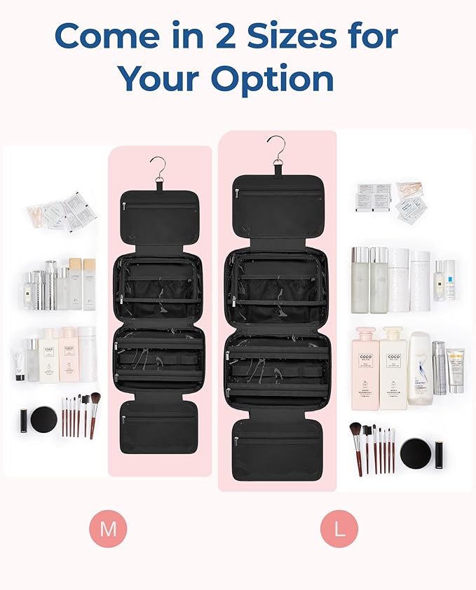 BAGSMART Travel Toiletry Bag with Jewelry Organizer, Hanging Travel Bag for Toiletries, Puffy Makeup Cosmetic Bag Organizer, Carry-on Travel Accessories Essentials, Black-M