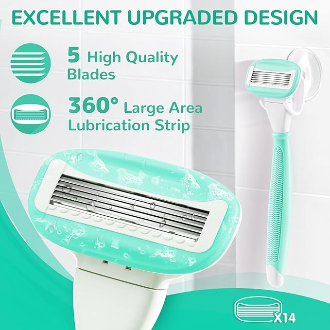 DreamGenius Razors for Women Include 2 Non-Slip Handles and 14 Blade Refills with a Shower Holder, 5 Premium Blades Women's Razors for Shaving with 360° Lubrication Reduces Irritation, Green