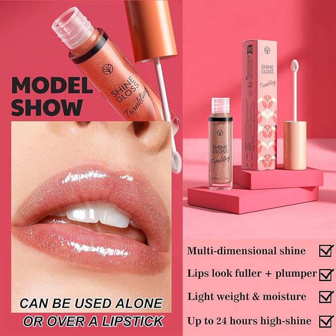 Lip Gloss Women Girls Plumping Lip Gloss Glitter Tinted Lip gloss Oil Plumper Hydrating Long Lasting Moisturizing Non Sticky Makeup ip gloss (06# Coral Shimmer)