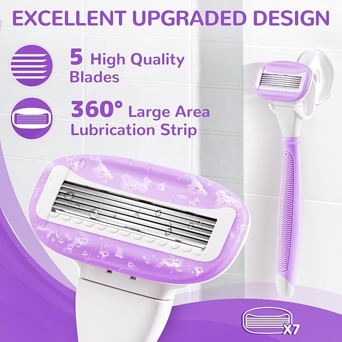 DreamGenius Razors for Women Include 1 Non-Slip Handles and 7 Blade Refills with a Shower Holder, 5 Premium Blades Women's Razors for Shaving with 360° Lubrication Reduces Irritation, Purple