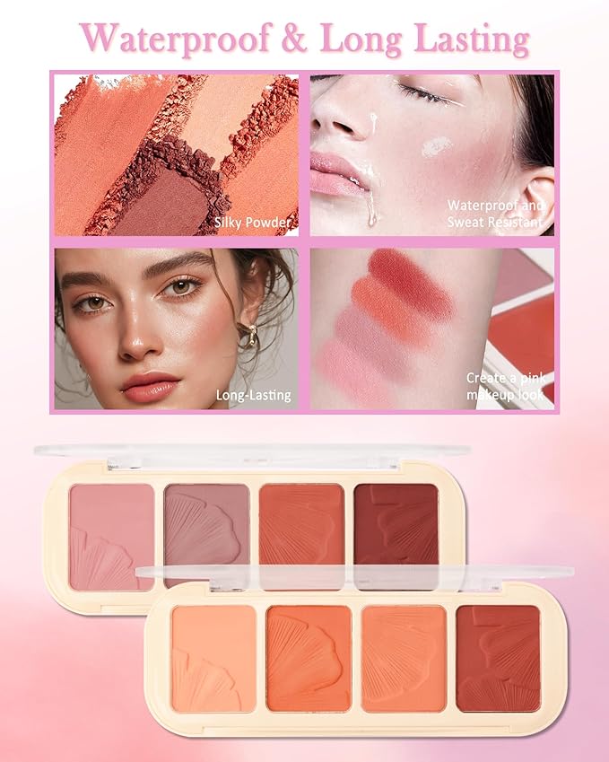 Matte Face Blush Palette Kit with Brush-4 Colors Pink Purple Orange Silky Mineral Blendable Blusher Contour Powder for Cheeks,Longlasting Professional Facial Beauty Makeup Gift for Women Girl-Set 02