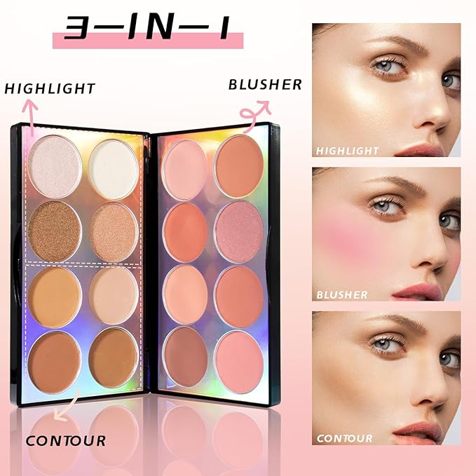16 Colors Blush Contour Highlighter Makeup Palette, All-in-One Shimmer Silky Matte Mineral Blush Powder Face Sculpting Bronzer Blusher Illuminator for a Natural Glowing