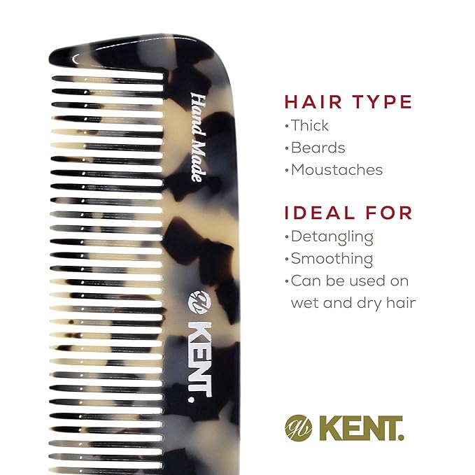 Kent 12T TW Wide Tooth Detangling Comb - Handmade Pocket Comb for Thick, Curly, and Wavy Hair, Grooming Beard and Mustache