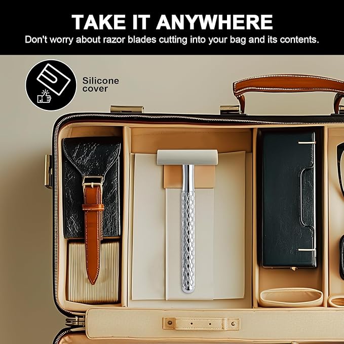 Double Edge Safety Razor with Chrome Plated Handle & Silicone Cover & 10 Blades Single Blade Safety Razor for Travel Metal Eco-Friendly Reusable Razor for Shaving