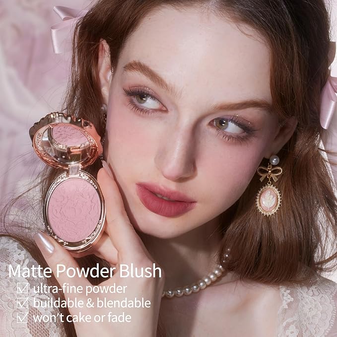 Flower Knows Strawberry Rococo Embossed Blush;Pink Matte Finish;Buildable & Blendable Powder Blush for cheeks,Natural Flush for All Skin Tones(03 Classic Ballet, 5g)