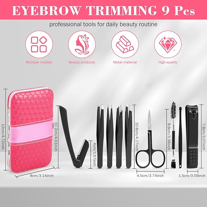 Tweezers Set, Hyxhappy 9 pcs Professional Stainless Steel Tweezer Kit for Women Facial Hair, Precision Plucke Tweezers with Luxurious Travel Case for Ingrown Hair Removal