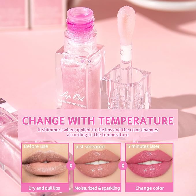 Erinde 2 PCS Magic Color Changing Lip Oil, Moisturizing Lip Glow Oil, Long Lasting Nourishing Plumping Glimmer Glow Lipstick, Non-sticky Fresh Nourishing Lip Care, Pink+ Transparent