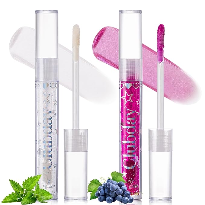 Jcoos Lip Gloss Lip Oil, Glitter Clear Lip Gloss, Purple Lip Gloss, Moisturizing, Shiny, Hydrating Lip Oil, Mint & Grapes Flavored Lip Gloss, Lip Plumper Lipgloss Sets for Girls Women Kids Teens