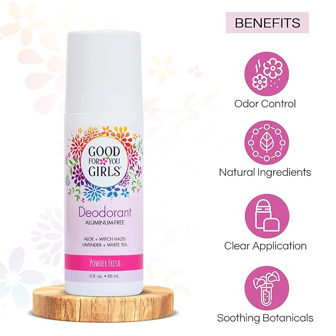 Good for You Girls Aluminum-Free, Natural & Vegan Deodorant for Kids, Preteens, Teens, Safe & Effective Odor Protection, Clear Roll-On, Natural Fragrance | Soft Powder, 3 oz (Pack of 3)