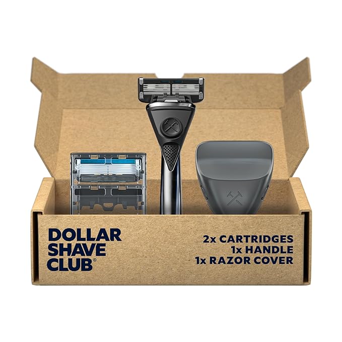 Dollar Shave Club | Heavy Metal Handle Shave Set with Razor Cover | 2 Extra Close Refill Cartridges, 1 Heavy Metal Handle, 1 Razor Cover