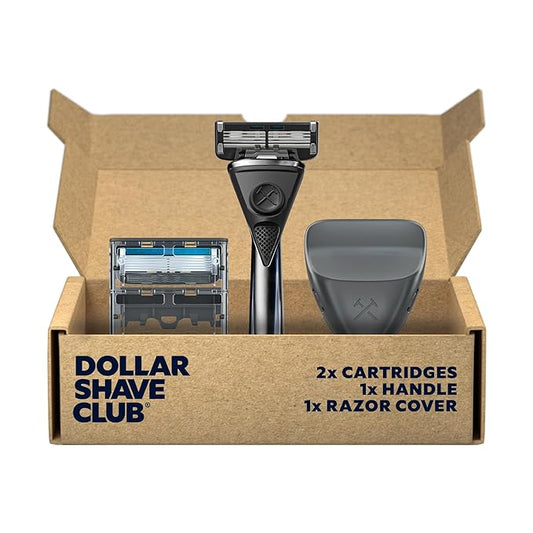 Dollar Shave Club | Heavy Metal Handle Shave Set with Razor Cover | 2 Extra Close Refill Cartridges, 1 Heavy Metal Handle, 1 Razor Cover