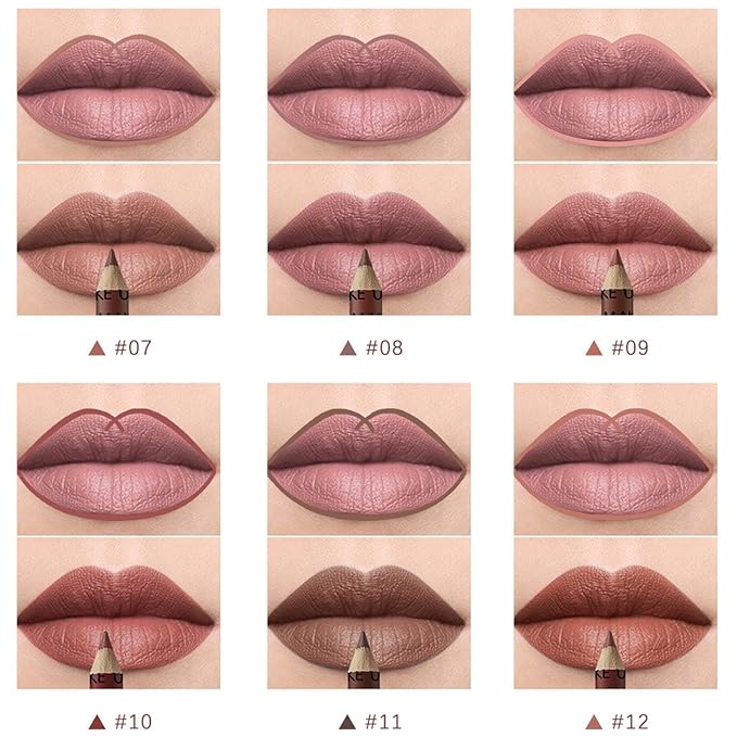 12 Pcs Natural Nude Brown Beige Colors Lip Liner Lipstick Pencils Set for Daily Makeup,Easy to Apply & Remove,Waterproof (B)