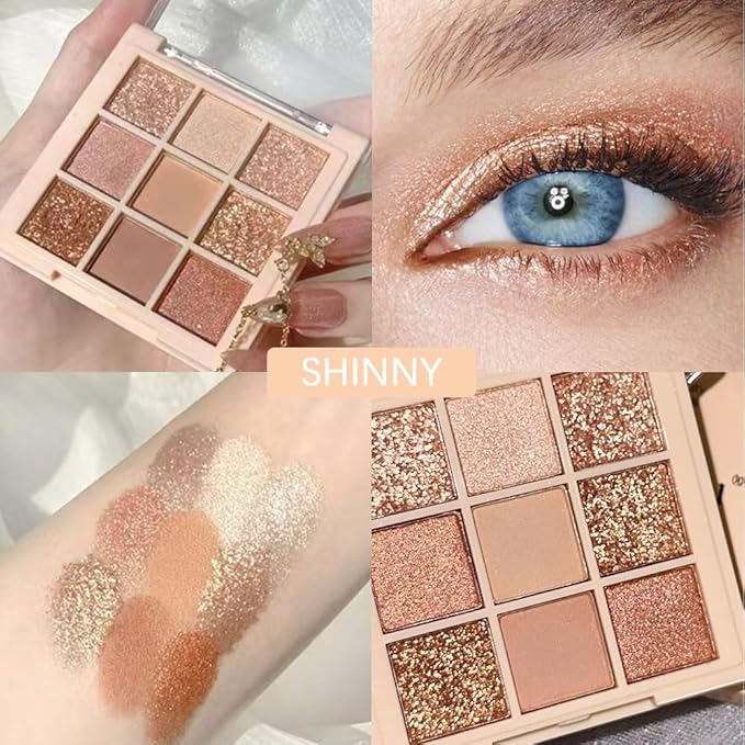 9Colors Champagne Rose Gold Eye Shadow Palette Makeup,Highly Pigmented Shimmer Pink Eyeshadow Palette Nude Glitter Sparkly Eye Shadows Long Lasting Waterproof Blendable Naturing-Looking